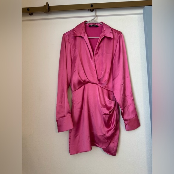 Zara Satin-Like Pink Long Sleeve Mini Dress - Picture 3 of 10